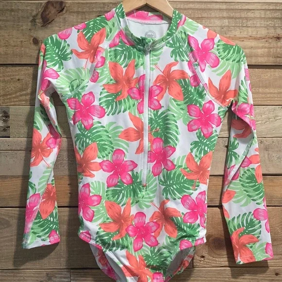 WONDER NATION  Girls 1 pc Pink Floral Hawaiian Print Rash Guard Swim Sui - Picture 2 of 6